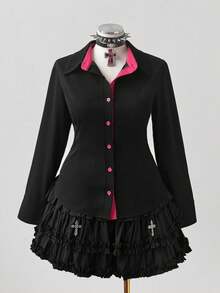 Sunspun Áo sơ mi dài tay dáng ôm màu tương phản cổ và tay áo cỡ lớn - Nhiều màu - Xem 5