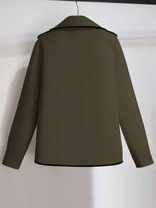 SHEIN LUNE Mantel Panjang Wanita Model Double-Breasted dengan Trim Warna Kontras, Cocok untuk Musim Gugur/Dingin - Hijau Tentara - View 2