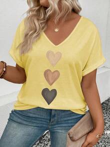 EMERY ROSE Women's V-Neck Cuffed Sleeve, Ombre Heart Print Casual Versatile T-Shirt, Spring/Summer - Yellow - View 6