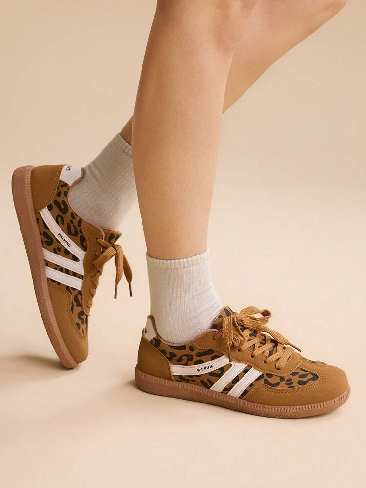 CUCCOO EASI Women's Casual Leopard Print Patchwork Flat Athletic Sneakers, Versatile For Daily Wear For Christmas
