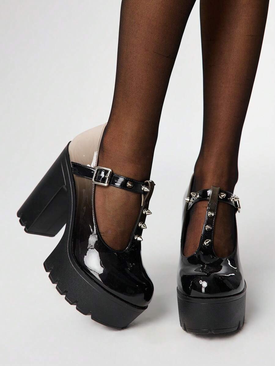 ROMWE Goth 女士复古黑红渐变厚底粗跟高跟鞋，春秋时尚双色金属铆钉T字带扣高跟低帮鞋 - 灰色 - 查看 1