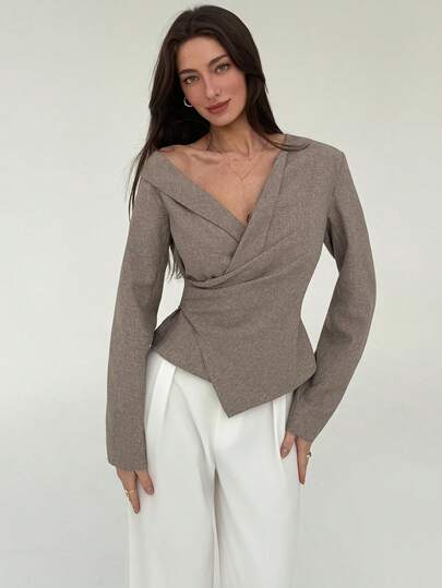 Aloruh Blusa de manga larga con pliegues en la cintura en color caqui minimalista, estilo de oficina para mujer