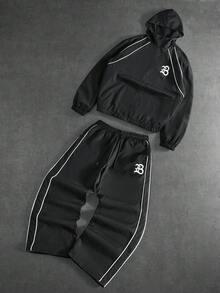 PAVTROS 男士休闲百搭夹克套装，街头风，宽松，印花，情侣装，朋友装，我爱我的男朋友，街头风格，情侣装，反光条纹结构线条 男士两件套 男士运动服套装 慢跑服 Y2K 运动套装 男士慢跑套装 - 黑色 - 查看 3