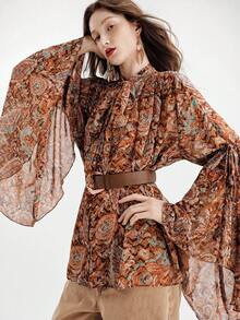 Aveloria Modichic 大地色系彩色印花衬衫，领口系带，前襟纽扣，长袖，弹性设计，休闲舒适，适合秋季外出和日常穿着。 - 彩色 - 查看 5