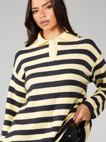MISSGUIDED Áo polo dệt kim sọc ngang cỡ lớn dành cho bóng bầu dục có cổ và tay dài, thích hợp mặc nhiều lớp vào mùa thu đông - Nhiều màu - Xem 5