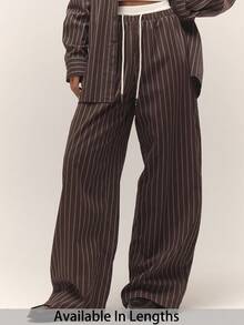 SHEIN Tall CURVE Plus Size Relaxed Cream Drawstring Waist Striped Wide Leg Trousers Only Fall Autumn Old Money Cute Country Cottage Core Back To School Casual For Women Butterscotch Winter Christmas Christmas - Rust Brown - View 1