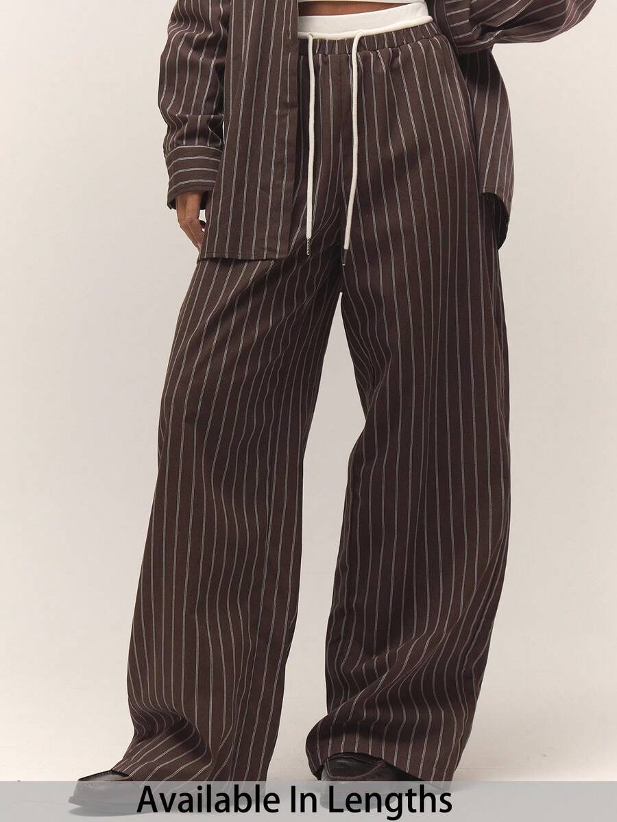 SHEIN Tall CURVE Plus Size Relaxed Cream Drawstring Waist Striped Wide Leg Trousers Only Fall Autumn Old Money Cute Country Cottage Core Back To School Casual For Women Butterscotch Winter Christmas Christmas - Rust Brown - View 1