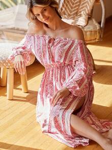 Lullawish Bohemian Striped Off-Shoulder Women's Nightgown, Winter - Multicolor - View 3