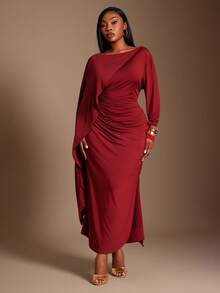 SHEIN SXY 大码女士优雅性感连衣裙，两侧褶裥下摆，右侧开衩，披肩袖，酒红色紧身连衣裙 - 酒紅色 - 查看 3