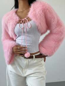 SHEIN SXY Chaqueta de chal de piel sintética blanca sexy y linda para otoño/invierno - Rosa Pálido - Ver 7