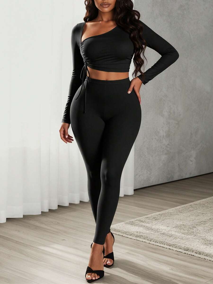 VaVaBold Women's Asymmetrical Drawstring Neck Top And Leggings Set Fall Cloth For Women - Black - View 1