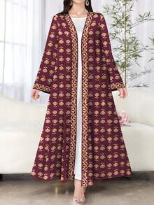 SHEIN Najma 女士三叶草花卉数码印花长袖休闲阿拉伯长袍，适合春秋季穿着 - 彩色 - 查看 2