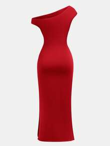 SHEIN 少女休闲优雅不对称领口褶皱腰身修身针织长裙，适合派对、返校、聚会和休闲穿着 - 紅色 - 查看 2