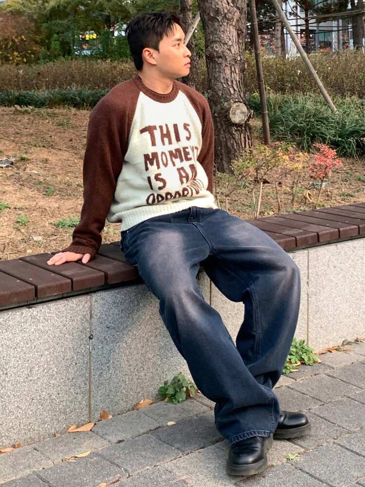 Men's Letter Jacquard Crew Neck Raglan Sleeve Sweater, Multi-Color Options, Suitable For Autumn/Winter