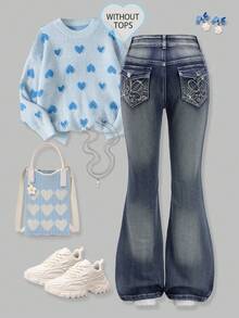 Quần jeans ống loe đính đá hình bướm thêu màu xanh đậm cho bé gái tuổi mới lớn, thích hợp mặc đi học, mặc hàng ngày, du lịch, nghỉ dưỡng, tiệc tùng và chụp ảnh - Rửa tối - Xem 3