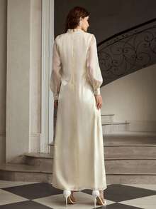 ZEYLAH 女士优雅长袖连衣裙，饰以仿珍珠，休闲又不失优雅 - 杏色 - 查看 3