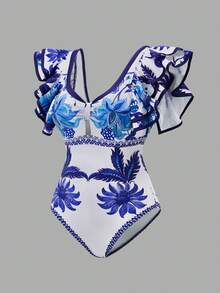 Swim Oasis Women's Floral Print Ruffled Sleeve One Piece Swimsuit With Coverup Skirt, Suitable For Spring/Summer Vacation - Blue and White - View 12