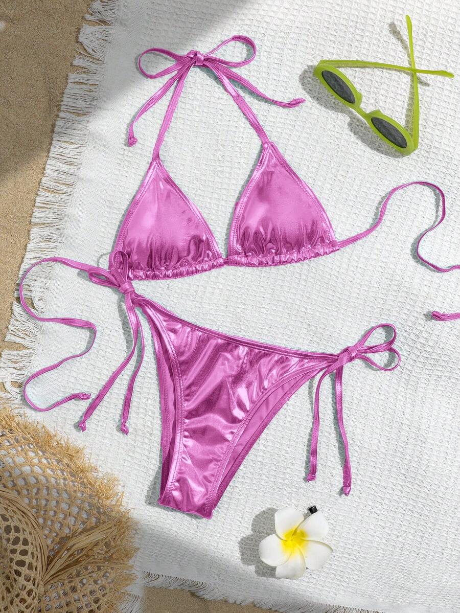 Swim Vcay Bộ đồ bơi bikini buộc dây màu trơn gợi cảm cho nữ, đi biển mùa hè - Hồng - Xem 1