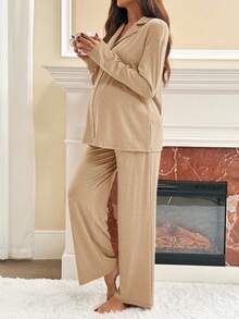 SHEIN Bộ 2 món đồ bầu trơn màu trễ vai tay dài cài nút phía trước thoải mái thoáng khí co giãn cao - Màu be - Xem 3