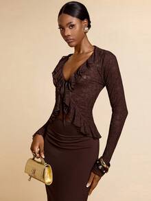 Lyxana 女士V领复古蕾丝拼接荷叶边系带时尚衬衫 - 咖啡棕 - 查看 4