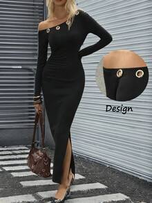 Chiquease Elegant French Minimalist Solid Color Eyelet Asymmetrical Shoulder Fitted Bodycon Dress For Women - Black - View 2