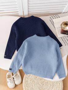 SHEIN 2pcs/Set Back To School Young Boys' Brown & Khaki Textured Loose Pullover Sweaters, Versatile For Casual Wear, Home, And School - Blue - View 2