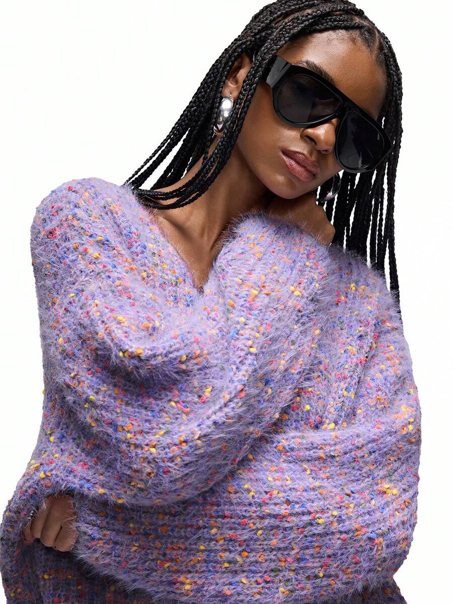 GENKIRA Autumn/Winter New Slouchy V-Neck Long Sleeve Contrast Color Pullover Sweater - Purple - View 1