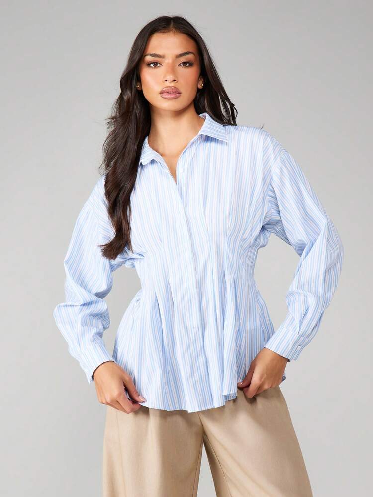 MISSGUIDED Pleated Waist Detail Button Down Collared Shirt With Long Sleeves In Vertical Striped Pattern For Office Work Business Casual Spring Summer