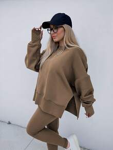 INAWLY Bộ 2 món áo hoodie và quần legging xẻ tà màu trơn thường ngày cỡ lớn, mùa thu/đông - Màu Khaki - Xem 7