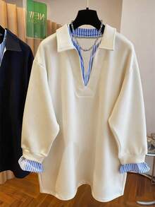 SHEIN 女士休闲条纹拼布运动衫，秋冬 - 杏色 - 查看 3