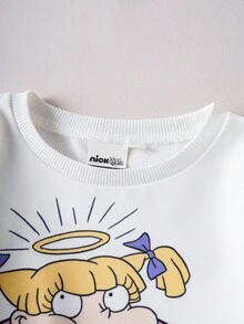 Nick 90s | SHEIN Young Girl Cartoon Rainbow & Cartoon Figure Graphic White Long Sleeve Crew Neck Sweatshirt And Purple Flared Casual Pants - Purple - View 3