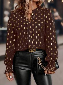 Auvina Plus Size Women's Foil Polka Dot Pattern V-Neck Long Sleeve Fashionable Blouse - Coffee Brown - View 3