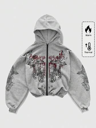 Goth Felpa con cappuccio e chiusura lampo con stampa a croce da uomo