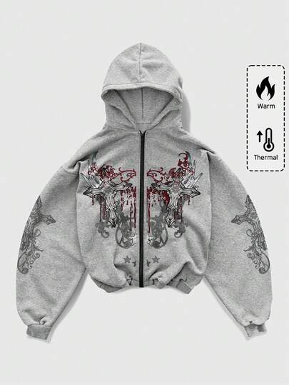 Goth Sudadera con capucha y cremallera con estampado de cruz para hombre