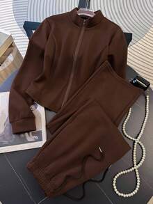 Resyla 女士休闲运动通勤简约纯色立领拉链外套和抽绳喇叭裤两件套，春秋季 - 咖啡棕 - 查看 4