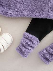 SHEIN 女婴可爱毛绒卡通图案保暖连帽衫套装，秋冬季 - 紫色 - 查看 6