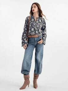 Aveloria Modichic Winter New Embroidered Sunflower Pattern Round Neck Small V-Neck Pullover Flare Sleeve Bohemian Casual Versatile Women Blouse