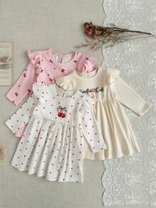 SHEIN 3-Piece Set Baby Girl Winter & Autumn Clothing Back To School Season 3M-3Y Pink White Apricot Cute & Fashionable Love Heart Bow Sweet Heart Letter Print Round Neck Ruffle Elastic Long Sleeve Dress Button Front Comfortable & Soft Daily Wear Suitable For Spring, Autumn & Winter Outdoor Wear Casual Ideal As A Gift - Multicolor - View 7