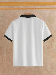 Manfinity VCAY 男士撞色骑士印花短袖休闲通勤 Polo 衫高尔夫球衫男士拉链 Polo 衫白色 Polo 衫男士白色 Polo 衫 - 白色 - 查看 3