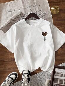INAWLY Áo thun tay ngắn họa tiết da báo, hình trái tim và chữ, mùa hè - trắng - Xem 2