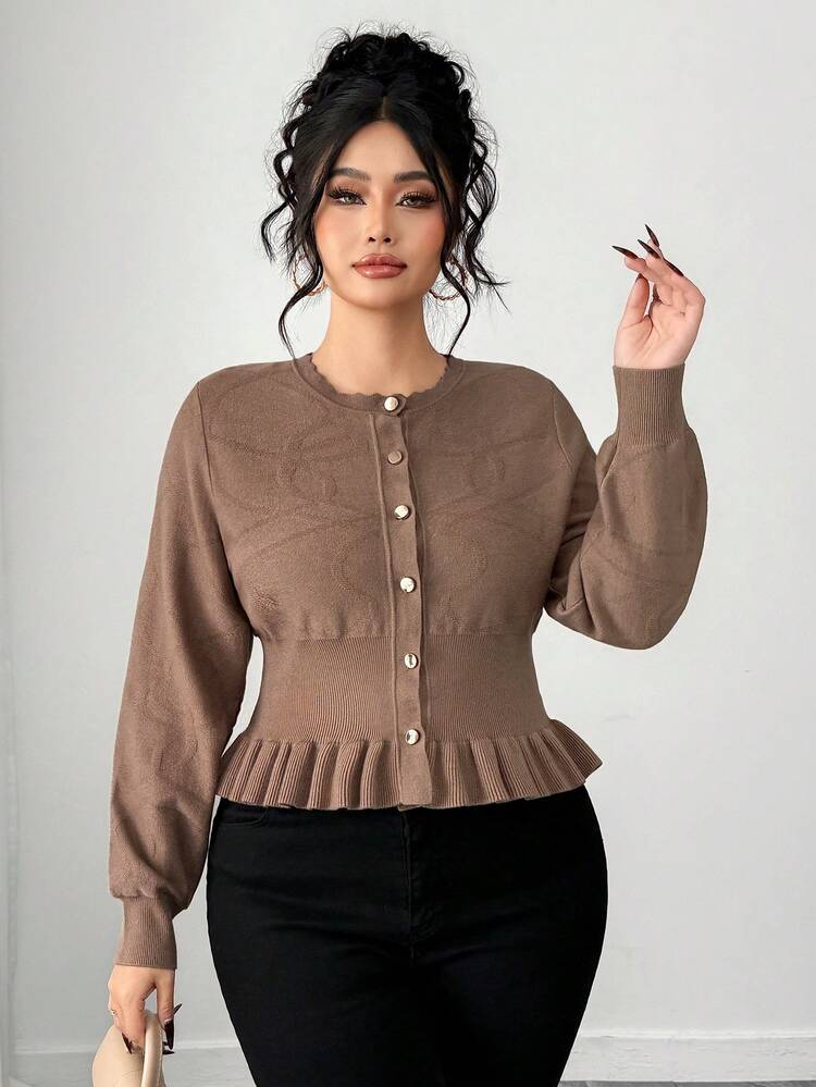 Dazy Plus Plus Size Women Solid Color Elastic Fitted Ruched Hem Cardigan Sweater, Autumn/Winter