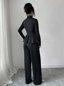 Elenzga Women's Solid Color Faux Pearl Decor Turtleneck Long Sleeve Ruffle Hem T-Shirt And Pants Elegant 2-Piece Set - Black - View 2