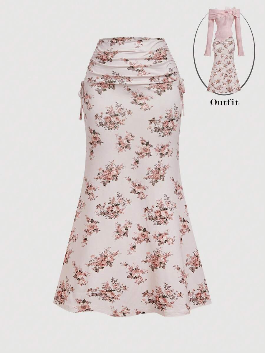 SHEIN MOD 女式花卉印花侧抽绳鱼尾下摆优雅半身裙 - 粉色 - 查看 1