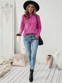 EMERY ROSE Women's Solid Color Minimalist Long Sleeve Fitted Pullover Sweater, Everyday Wear - Hot Pink - View 5