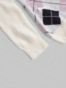 ROMWE Kawaii Y2K Preppy Diamond & Bow Patchwork Fitted Sweater - Apricot - View 3