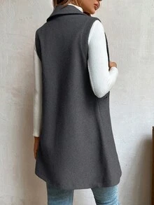BizChic 女士秋冬翻领无袖中长款羊毛混纺大衣，商务休闲通勤优雅办公装，适合感恩节、圣诞节、新年等场合。 - 深灰色 - 查看 3