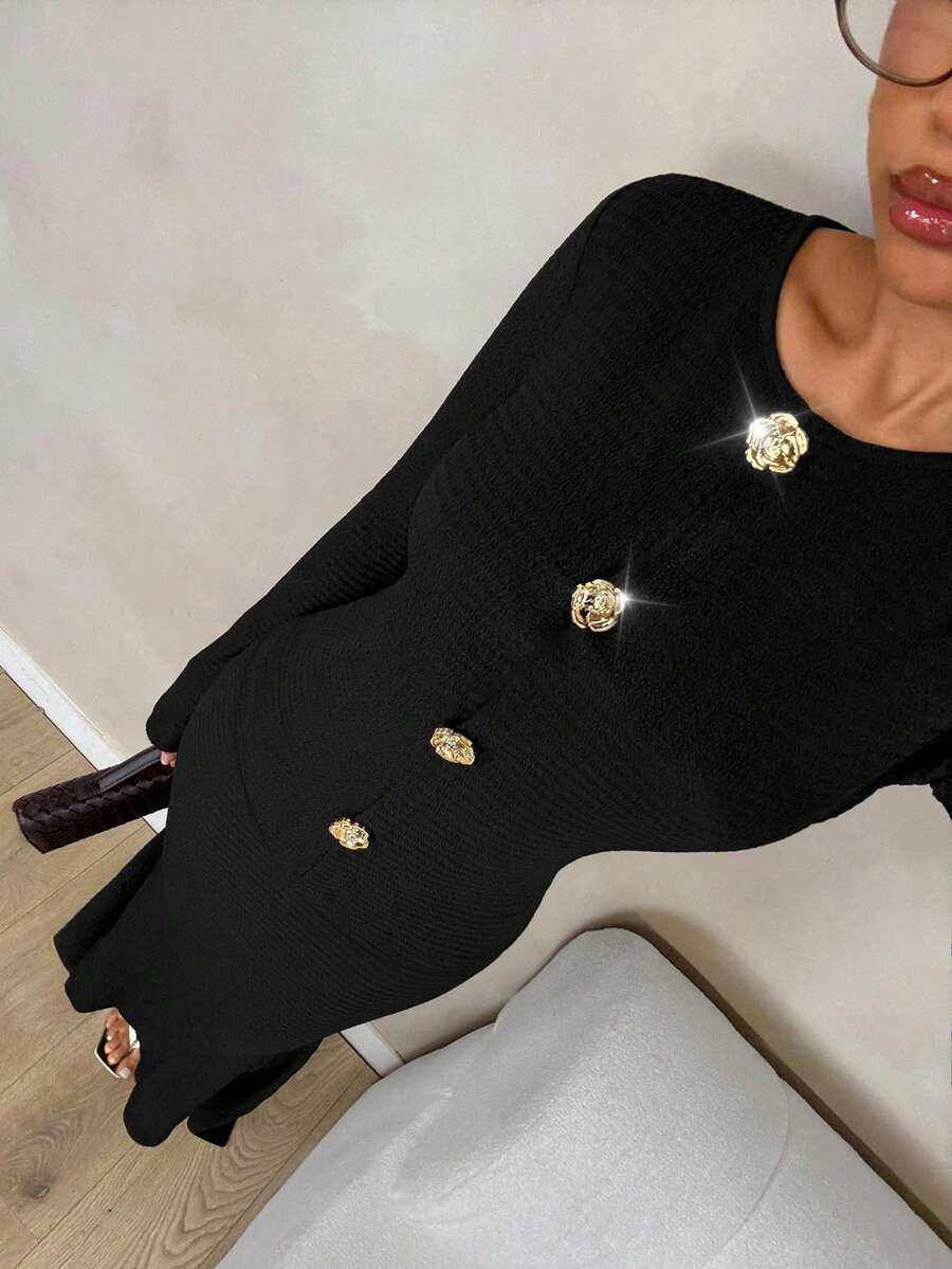 SHEIN Glamour 1. 简约高端棕色针织波浪褶皱圆领开襟金属纽扣长袖上衣,搭配修身鱼尾半身裙,两件套,适合姐妹聚会、正式晚宴、派对等场合穿着 - 黑色 - 查看 1