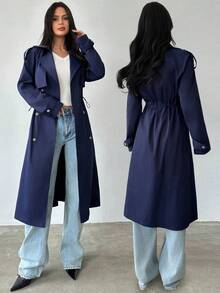 Firerie Women's Elegant Minimalist Casual Commute Daily Street Fashion Urban Chic New Double-Breasted Cinched Waist Elastic Navy Blue Mid-Length Trench Coat, Autumn/Winter - Navy Blue - View 9