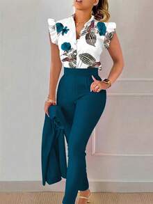 SHEIN LUNE Bộ 2 áo sơ mi tay bồng họa tiết hoa đi nghỉ mát dành cho nữ và quần thường ngày - Màu xanh ngọc - Xem 3