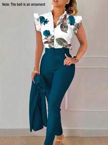 SHEIN LUNE Bộ 2 áo sơ mi tay bồng họa tiết hoa đi nghỉ mát dành cho nữ và quần thường ngày - Màu xanh ngọc - Xem 7